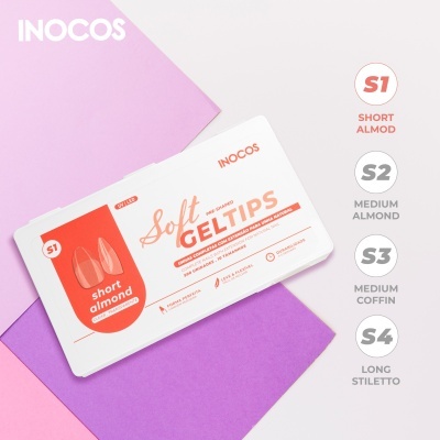 Embalagem de gel tips INOCOS Soft Short Almond sobre fundo lilás e roxo