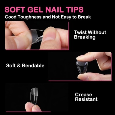 Unhas postiças de gel flexível transparentes sendo dobradas e torcidas por mãos, com texto promocional em fundo preto