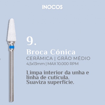 Broca cónica branca em cerâmica para unhas com texto descritivo