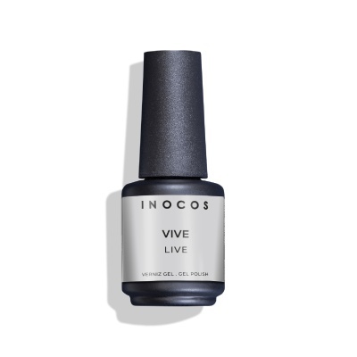 Frasco de verniz gel para unhas INOCOS preto com rótulo branco