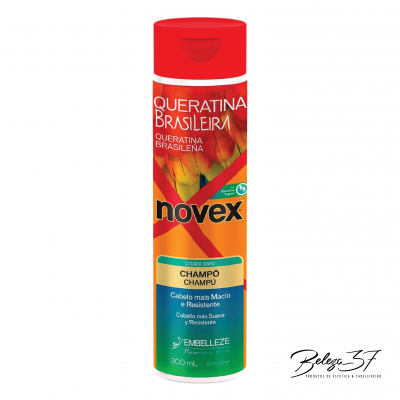 Frasco de champô Novex Queratina Brasileira laranja com tampa vermelha