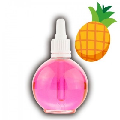 Frasco redondo com líquido rosa e tampa branca com ilustração de ananás