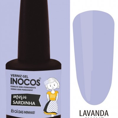 Frasco de verniz gel Inocos lavanda suave com rótulo ilustrado e texto em português