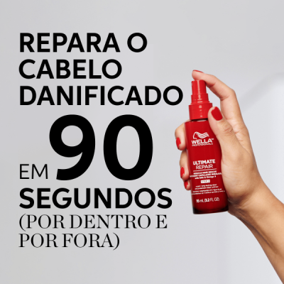 Mão segurando frasco de spray vermelho Wella com texto promocional em fundo cinza