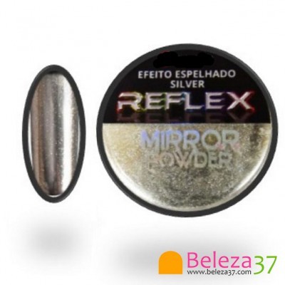 Pó para unhas prateado efecto espelho com embalagem preta redonda e texto