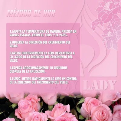 Texto em fundo rosa com flores e instruções de uso em espanhol