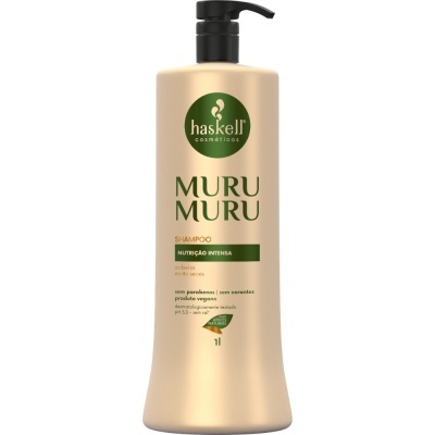 Frasco de shampoo Haskell Muru Muru bege com tampa preta e texto verde e preto