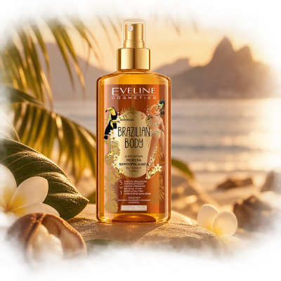 Frasco de cosmético amarelo âmbar com rótulo colorido e spray em fundo de praia ao pôr do sol