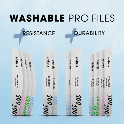 Cinco lixas para unhas de diferentes formatos e cores da marca andrelia com texto sobre resistência e durabilidade