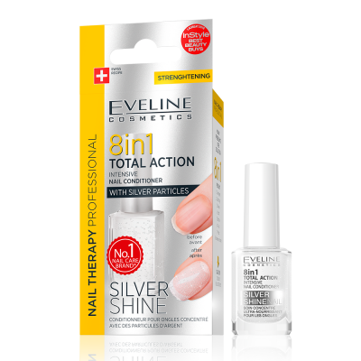 Embalagem e frasco de condicionador para unhas Eveline 8in1 Total Action com partículas prateadas