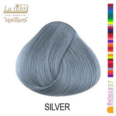 Amostra de cor de cabelo prateado La riche Directions com texto SILVER