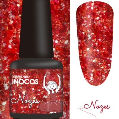 Frasco de verniz gel vermelho com glitter e unha decorada à direita