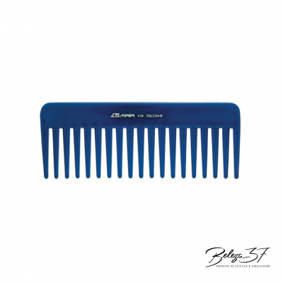 Pente azul escuro de plástico com dentes largos e texto impresso branco