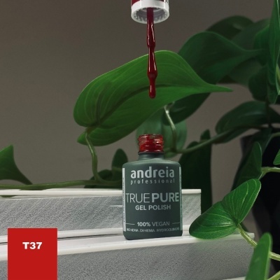 Frasco de verniz gel vermelho Andreia TRUE PURE com pincel e folhas verdes
