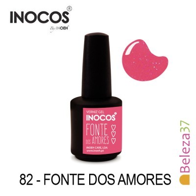 Frasco de verniz gel Inocos cor rosa com brilho e números e texto no rótulo
