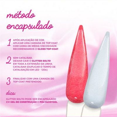 Dois dedos postiços com esmalte glitter vermelho e branco prateado com texto instrucional em português