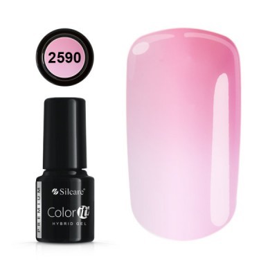 Verniz gel híbrido preto Silcare ColorIt Premium 2590 com amostra rosa claro brilhante