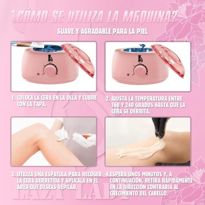 Máquina de depilação cor de rosa com tampa transparente e instruções em espanhol