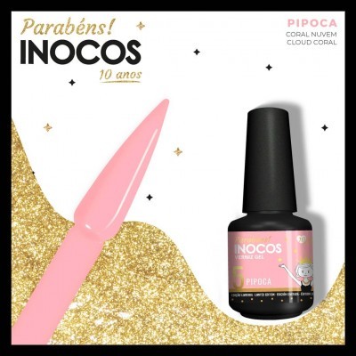 Frasco de Verniz Gel INOCOS cor Pipoca rosa claro com amostra da cor e texto comemorativo