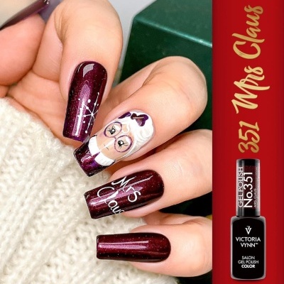 Unhas postiças borgonha com desenho e texto branco, frasco verniz gel preto Victoria Vynn
