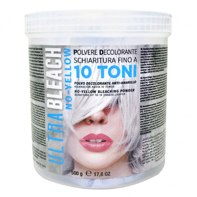 Recipiente de pó descolorante Ultra Bleach No Yellow com imagem de mulher de cabelo branco.