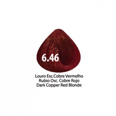Amostra de cor de cabelo vermelho cobre escuro 6.46 com descrições em vários idiomas