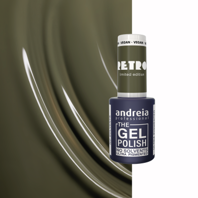 Verniz de gel azul escuro da andreia professional com tampa branca e texto RETRO vegan