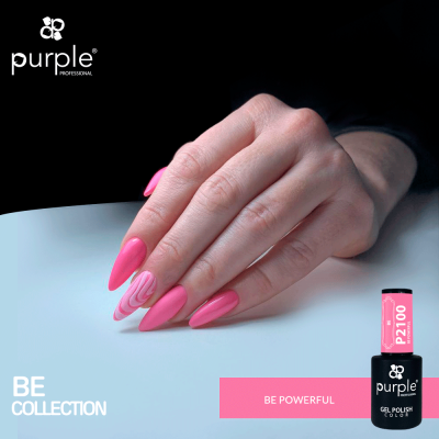 Frasco de verniz gel cor P2100 rosa e mão feminina com unhas pintadas da mesma cor e decoração ondulada