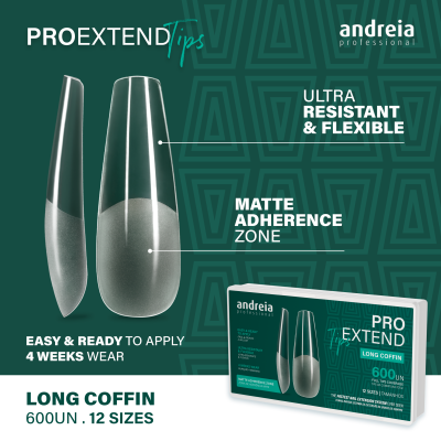 Unhas postiças long coffin verde escuro metálico com acabamento mate e embalagem com texto informativo