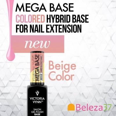 Frasco de base para unhas Victoria Vynn cor bege com texto promocional e fundo branco geométrico.