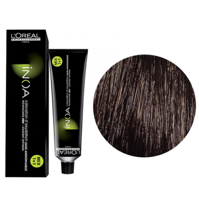Tubo e caixa de coloração para cabelo L'Oréal INOA e amostra de cor castanho escuro.