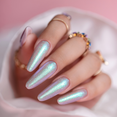 Unha com verniz azul iridescente e vários anéis dourados