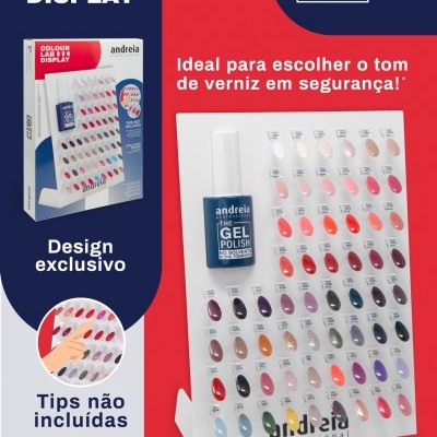 Mostrador com amostras coloridas de verniz em gel da marca andreia professional