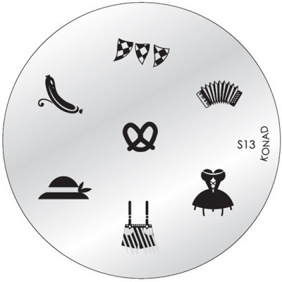 Placa redonda de carimbo de unhas com desenhos a preto de objetos e roupas tradicionais