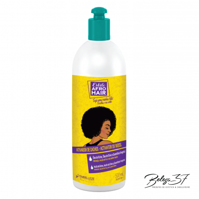 Frasco branco com tampa verde de ativador de cachos Estilo Afro Hair com rótulo amarelo e design de mulher com cabelo afro