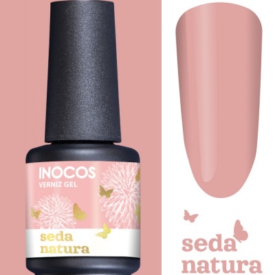 Frasco de verniz gel Inocos rosa com rótulo floral e cor rosa nude ao lado
