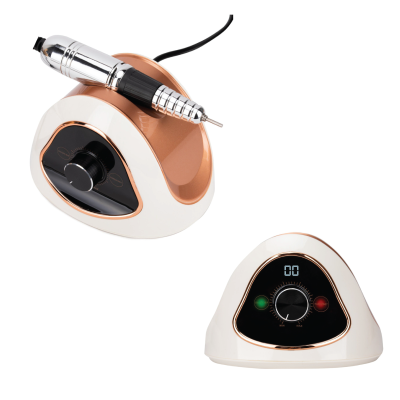 Conjunto de manicure elétrica com caneta metálica e base branca e dourada com painel digital