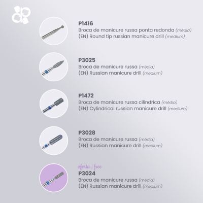 Cinco brocas de manicure russa de diferentes formas e cores com designações e descrição em português e inglês