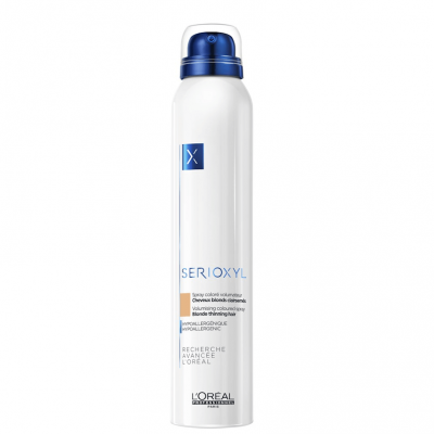 Frasco aerosol branco e azul com texto da marca L'Oreal Serioxyl