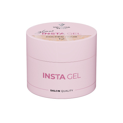 Frasco redondo rosa claro de gel para unhas com texto impresso