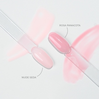 Amostras de verniz para unhas NUDE SEDA e ROSA PANACOTA em plástico transparente