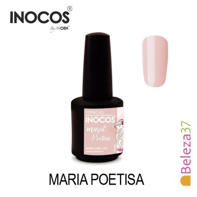 Verniz gel de unhas INOCOS Maria Poetisa cor rosa com embalagem preta e etiqueta rosa clara.