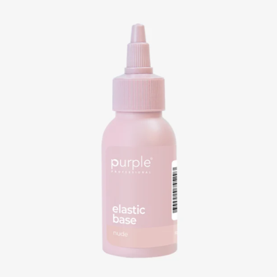 Frasco rosa de plástico com tampa doseadora e texto purple PROFESSIONAL elastic base nude