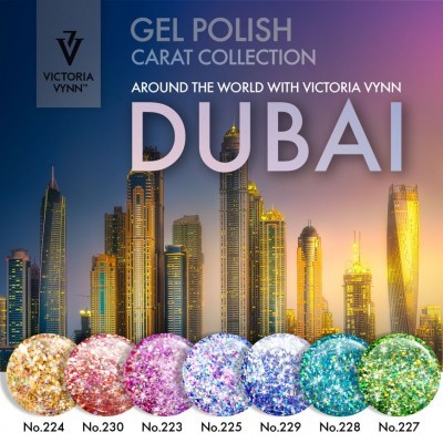 Vernizes gel com glitter da coleção Carat, números 224 a 227, com skyline de Dubai ao fundo