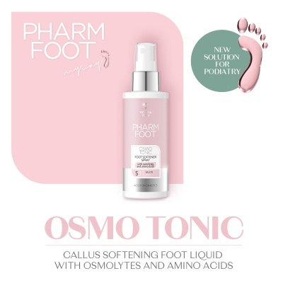 Frasco branco e rosa de spray para suavizar calos PHARM FOOT OSMO TONIC com selo verde e pegada rosa