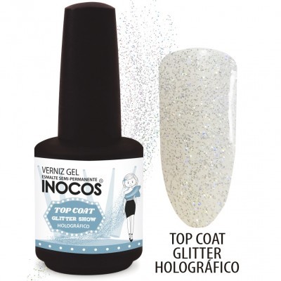 Frasco de verniz gel Inocos Top Coat Glitter Show e amostra de unhas com verniz holográfico glitter