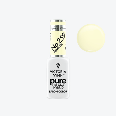 Frasco de verniz de unhas Victoria Vynn Pure Creamy Hybrid Salon Color com amostra de cor amarela pastel