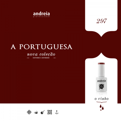 Frasco de verniz branco com tampa e detalhe bordô em fundo bordô com texto promocional