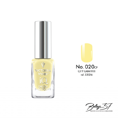 Esmalte de unhas amarelo claro Victoria Vynn iQ com tampa prateada em fundo branco