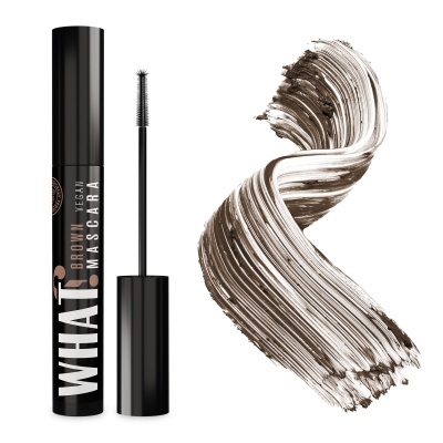 Máscara de pestanas preta com texto branco e pincelada castanha.